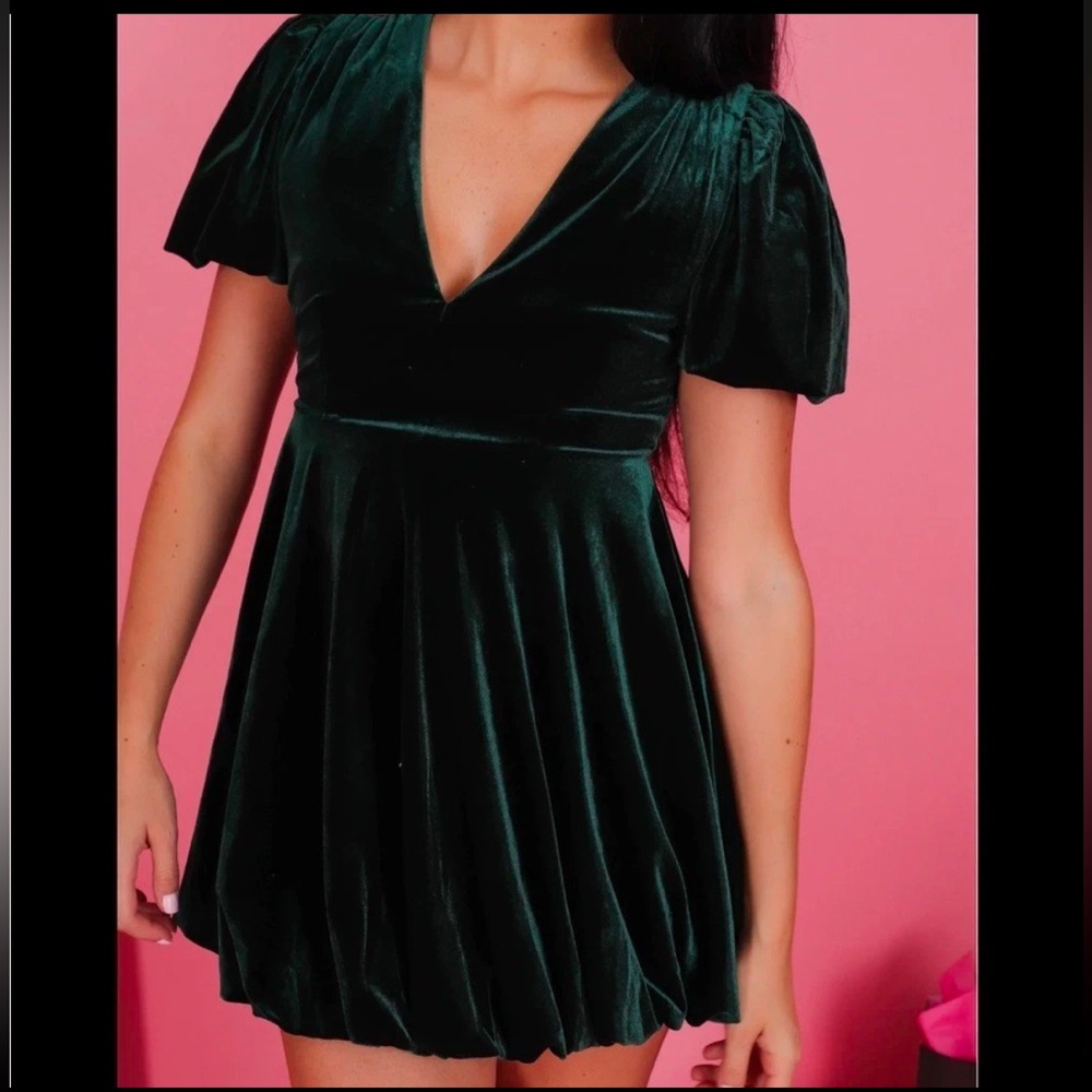 The Vintage Shop Emerald Green Velvet Bubble Hem Flutter Sleeve Swing Dress- S